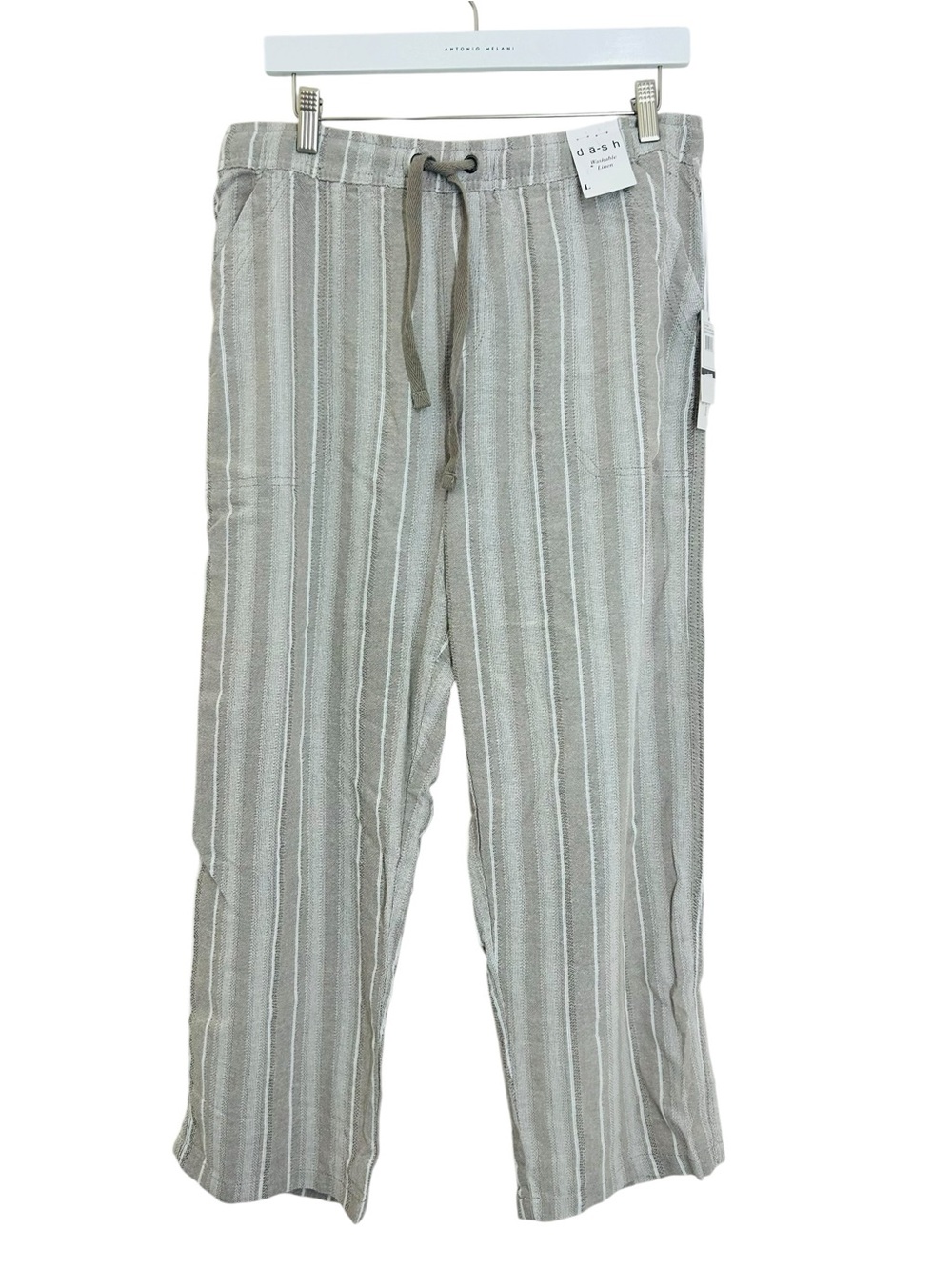 Dash Linen Blend Wide Leg Taupe Gray White Striped Drawstring Pants L NWT